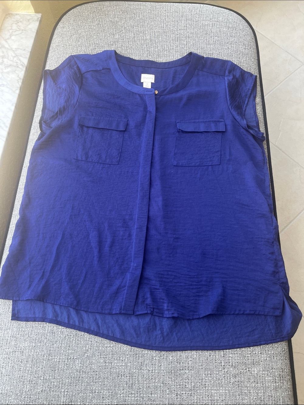 Chico's Size 2 Polyester Royal Blue Short Sleeve Pocket Blouse